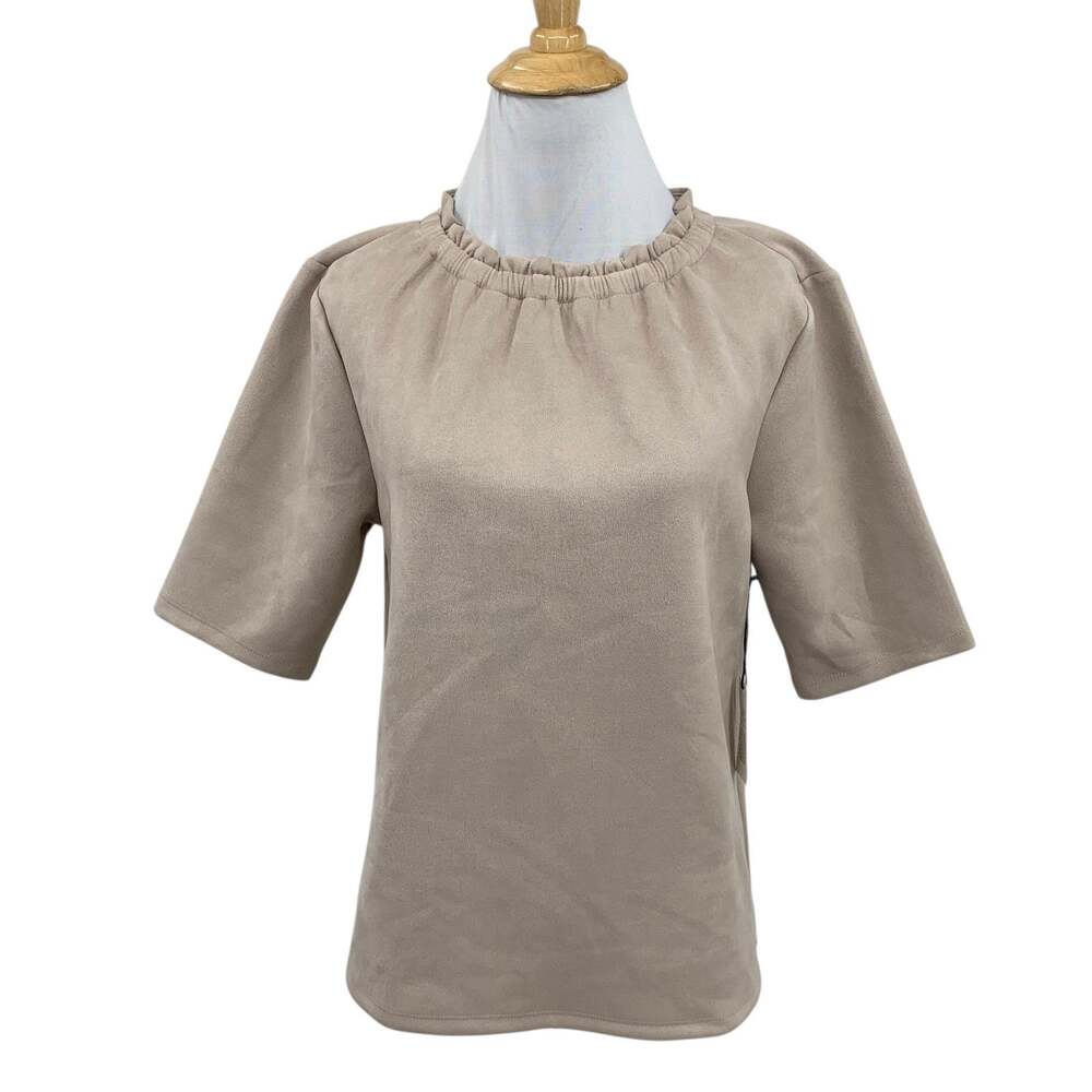 Ann Taylor Top Womens S Small Doeskin Faux Suede Ruffle Mock Neck Puff Sleeve